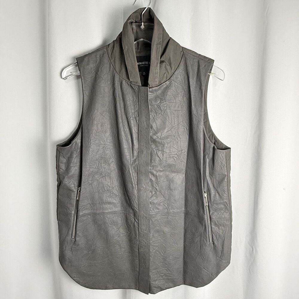 Lafayette 148 High Neck Hidden Zipper Crinkle Leather Vest In Gray Sz Small